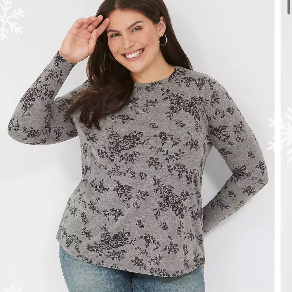 Lane Bryant Cotton-Blend Gray Floral Long-Sleeve Crew-Neck Tee Shirt Size 22/24